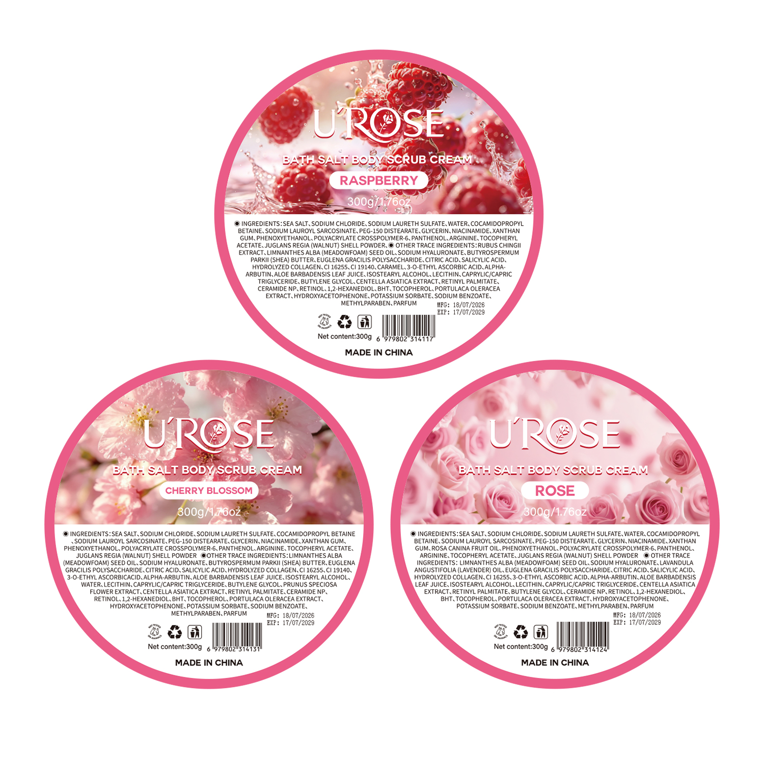SY1WM0070 UROSE 沐浴盐身体磨砂膏300g（树莓覆盘子）（事一外贸款）